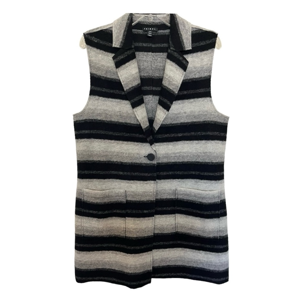 Tribal wool blend black & white striped longline sleeveless sweater medium